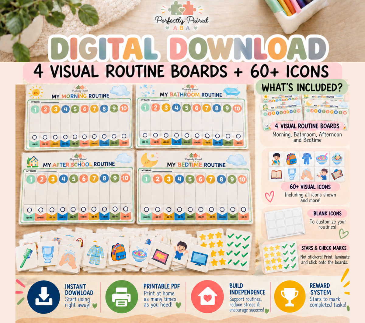 Visual Schedule Bundle for Kids | 5 Routine Boards + 60+ Icons